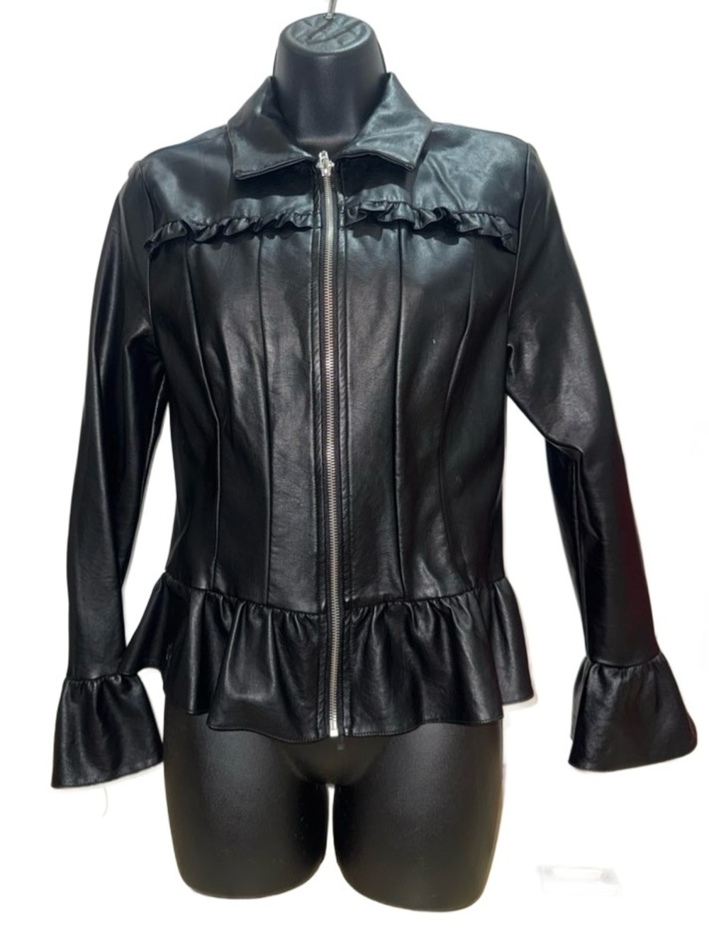 VENUS Black Faux Leather Ruffle Front Zip Jacket